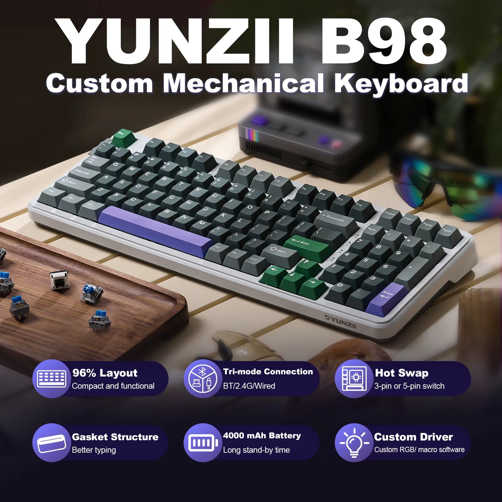 B98 Wireless Bluetooth Mechanical Gaming Keyboard with Numpad, Hot Swappable Gasket RGB Backlight Custom Keyboard