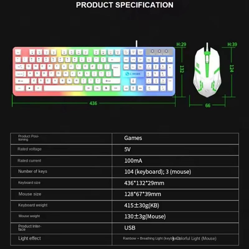 Upgraded GTX350 Keyboard Mouse Kit USB Wired 104 Keys Glow Cap Cover Keyboards Mouse Set for Home Office Computer Accessories