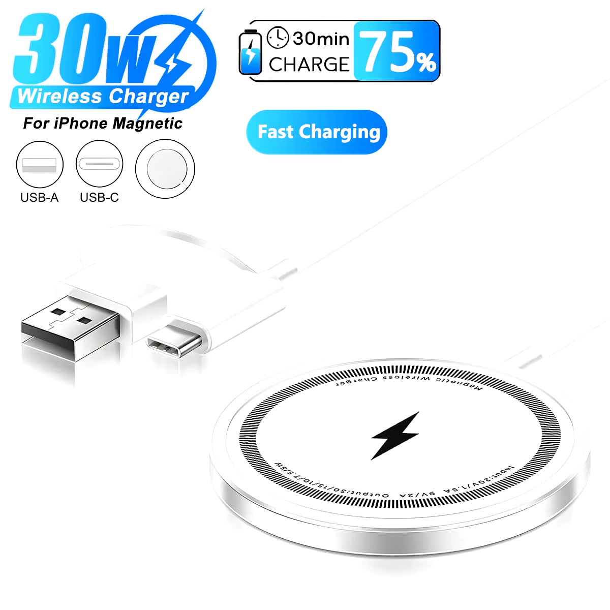 30W Magnetic Chargers Type C Fast Wireless Charger Pad Stand for Iphone 16 15 14 13 12 Pro Max PD Macsafe Phone Charging Dock